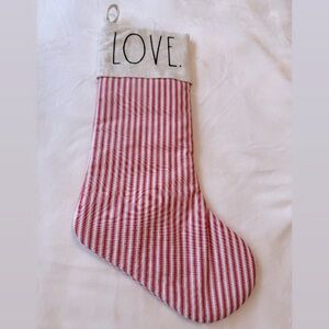 EUC Rae Dunn ‘Love’ Embroidered Cotton Striped Holiday Christmas Stocking Red